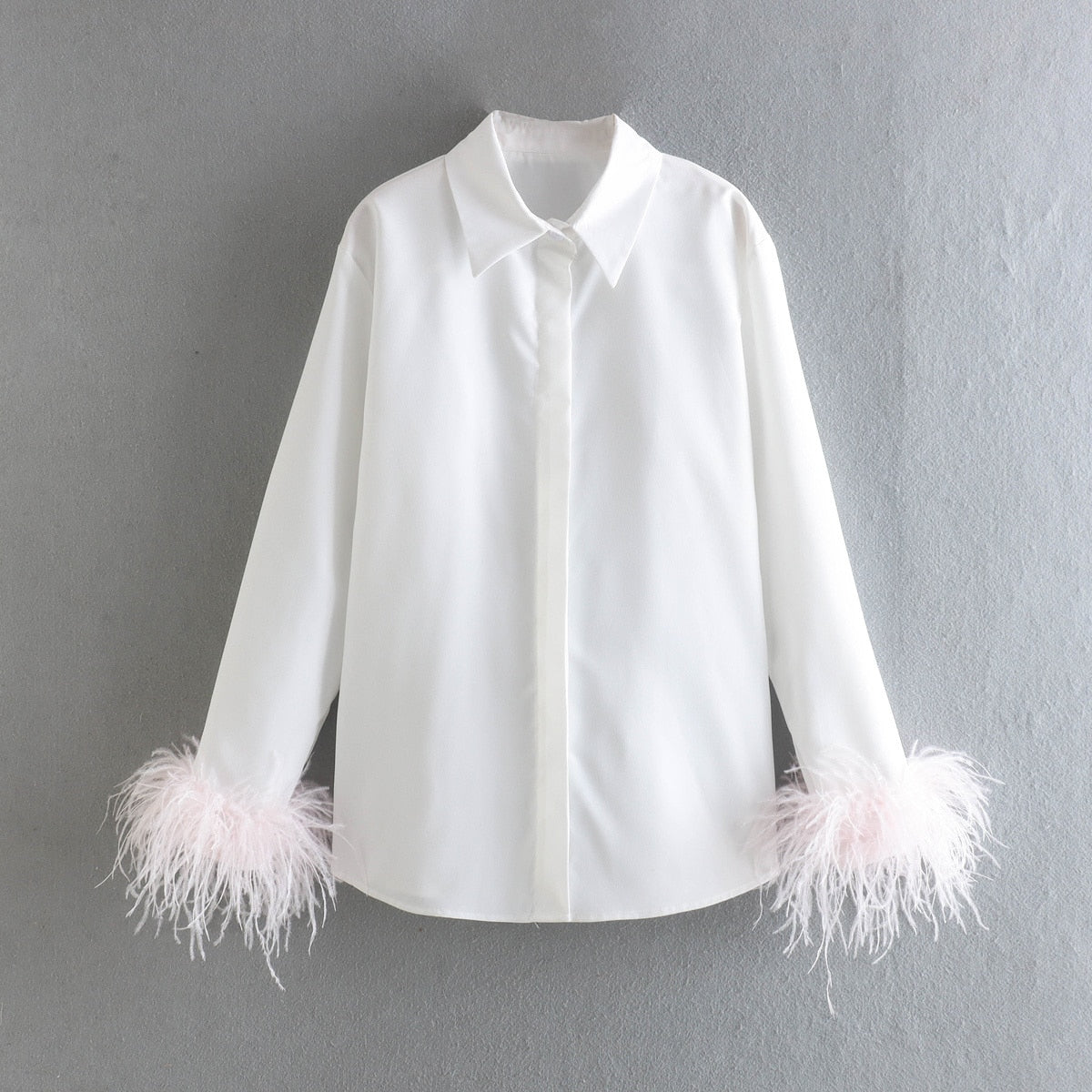 Green Feathers on the Cuffs Womens Blouses Long Sleeves Women's Clothing White Elegant Female Blouses Tops Shirts for Women Top