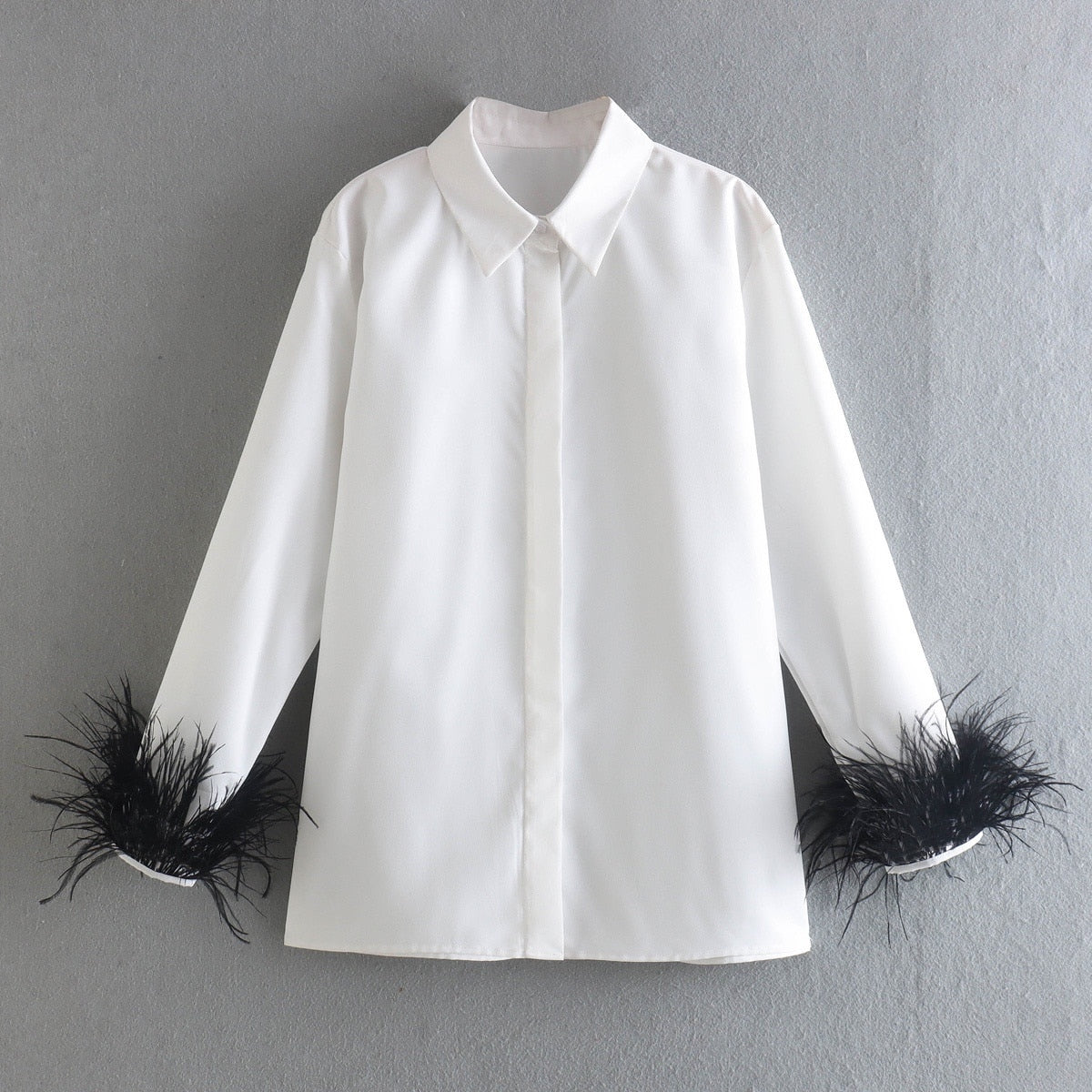 Green Feathers on the Cuffs Womens Blouses Long Sleeves Women's Clothing White Elegant Female Blouses Tops Shirts for Women Top