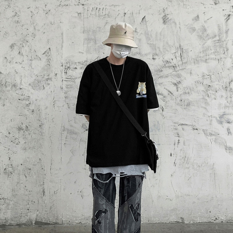 Privathinker Cat Cartoon Graphic Men Tshirt Casual Baggy Short Sleeve T-shirt Japanese Style Oversized T Shirt Men's Clothing