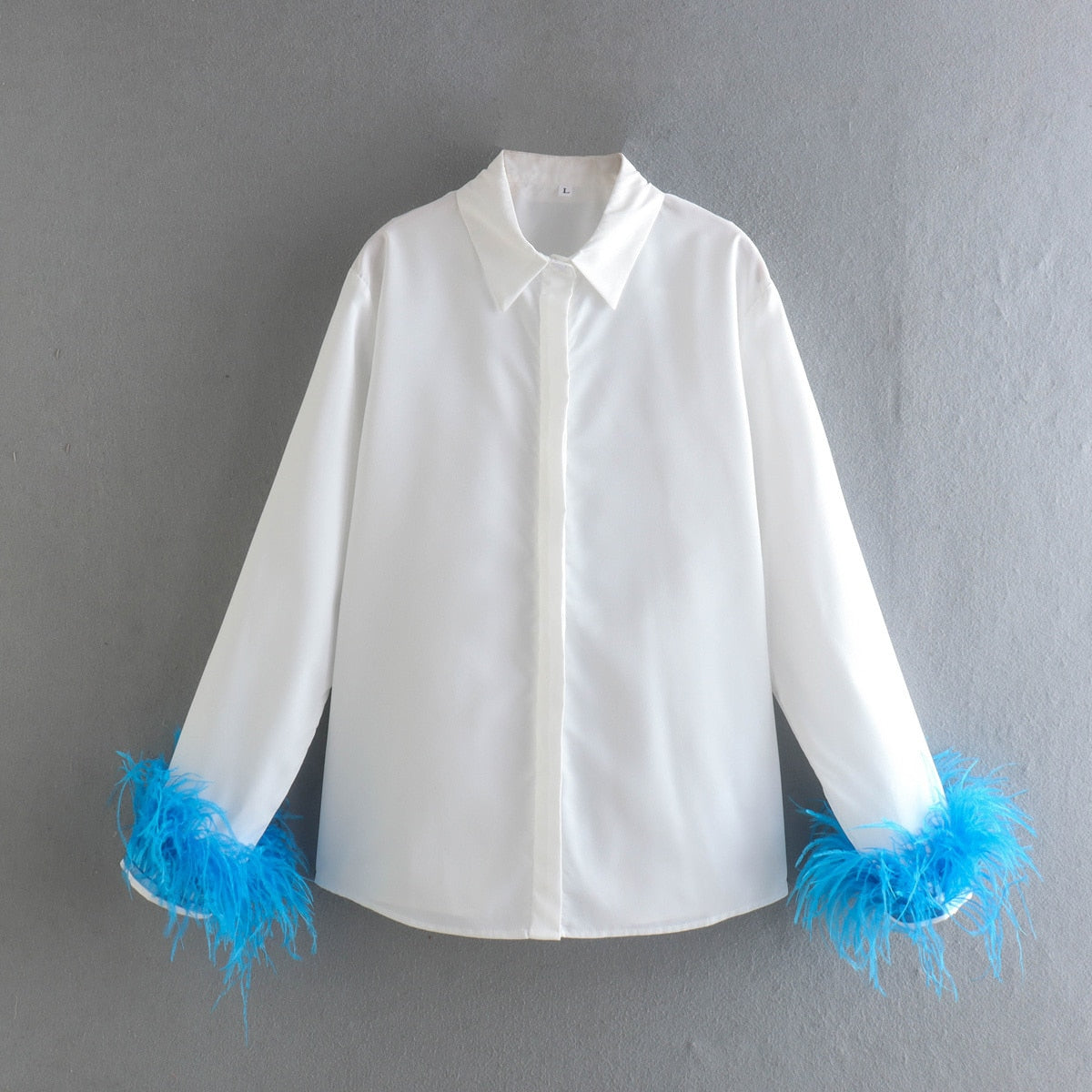 Green Feathers on the Cuffs Womens Blouses Long Sleeves Women's Clothing White Elegant Female Blouses Tops Shirts for Women Top