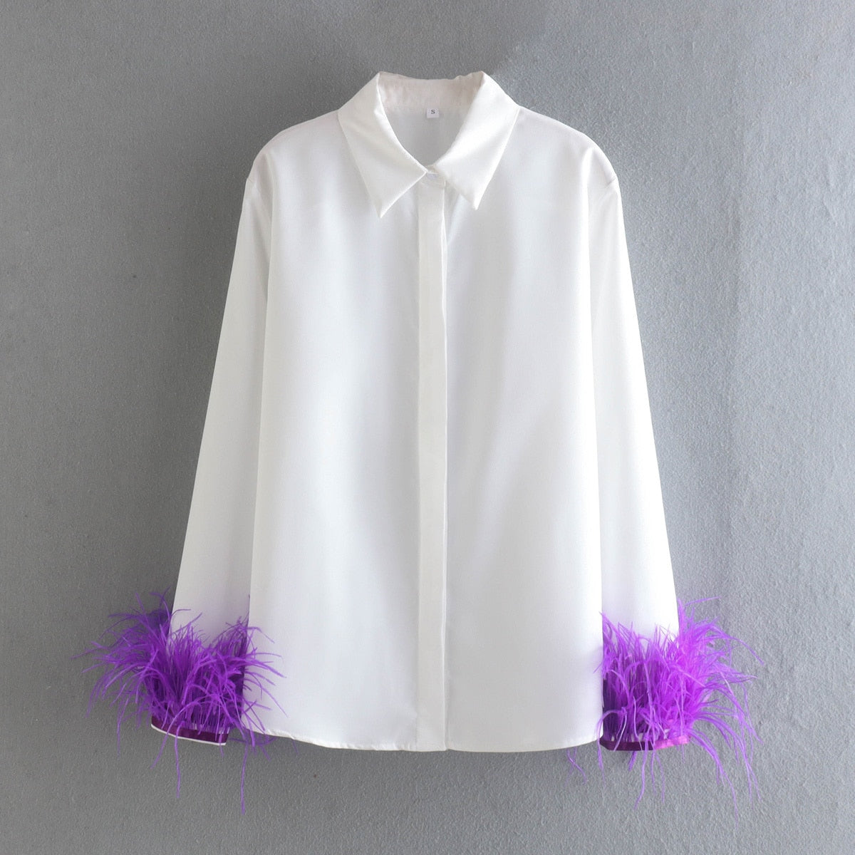 Green Feathers on the Cuffs Womens Blouses Long Sleeves Women's Clothing White Elegant Female Blouses Tops Shirts for Women Top