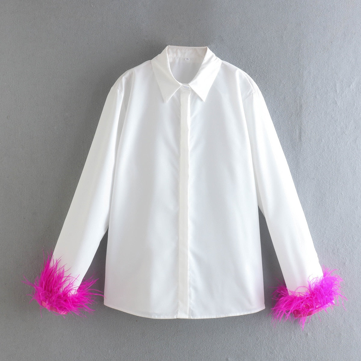 Green Feathers on the Cuffs Womens Blouses Long Sleeves Women's Clothing White Elegant Female Blouses Tops Shirts for Women Top