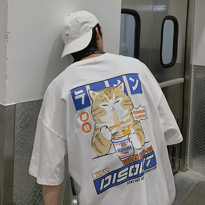 Privathinker Cat Cartoon Graphic Men Tshirt Casual Baggy Short Sleeve T-shirt Japanese Style Oversized T Shirt Men&#39;s Clothing