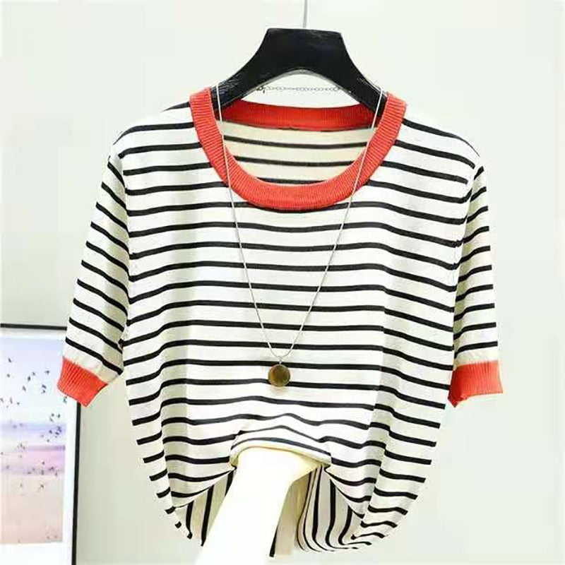 Shintimes Striped T Shirt Women Tee Shirt Femme Summer Thin Ice Silk Knit T-Shirts Short Sleeve Womens Clothing Camisetas Mujer