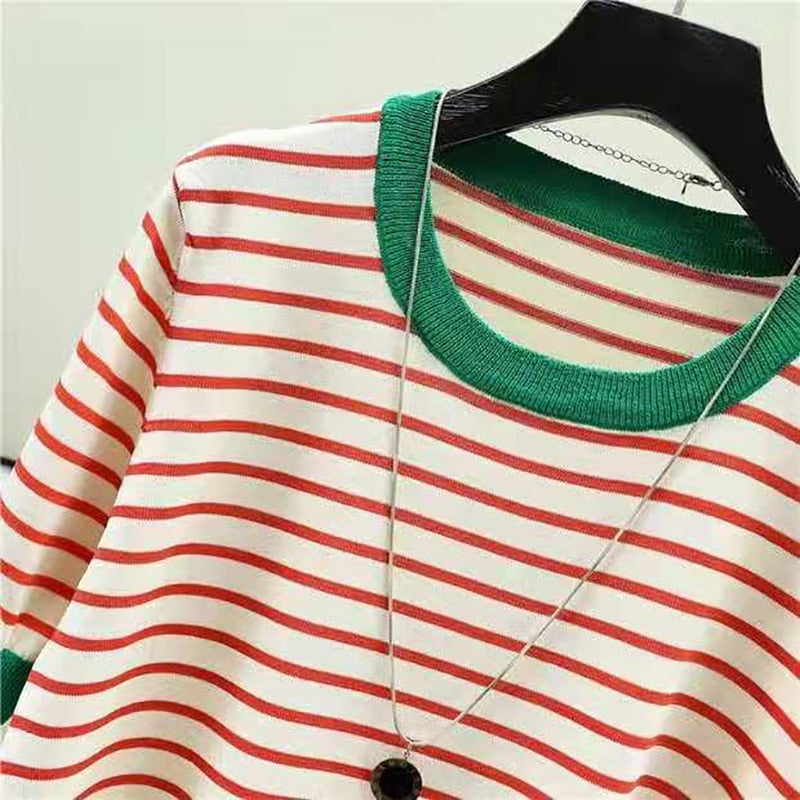 Shintimes Striped T Shirt Women Tee Shirt Femme Summer Thin Ice Silk Knit T-Shirts Short Sleeve Womens Clothing Camisetas Mujer