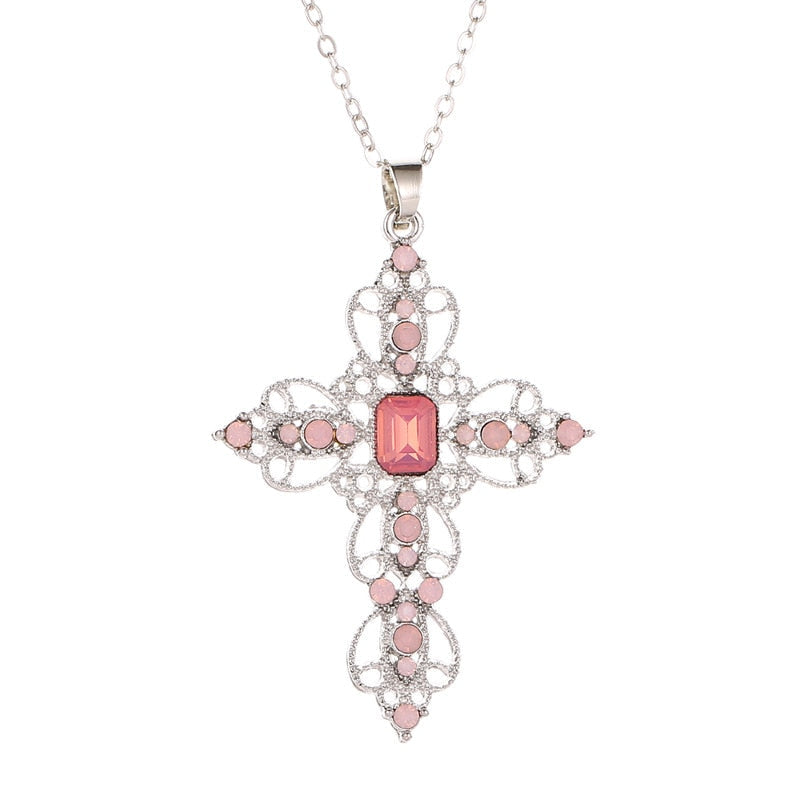 New Gothic Pink Cross Necklace Purple Zircon Punk Pendant Necklace Y2K Heart Cross Chain Necklace for Woman Jewelry Accessories