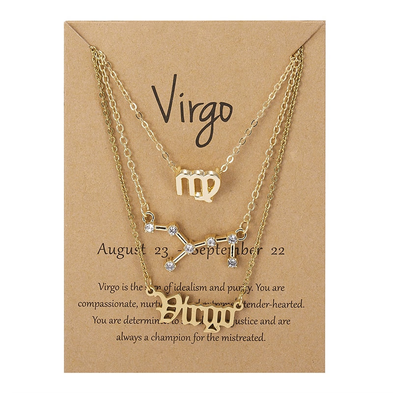 3Pcs/set 12 Zodiac Sign Necklace For Women 12 Constellation Pendant Chain Choker Birthday Jewelry With Cardboard Card