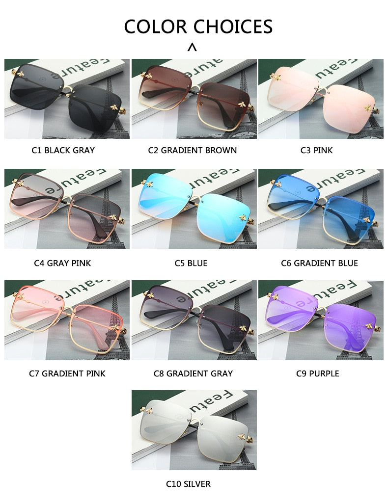 2022 New Fashion Lady Oversize Rimless Square Bee Sunglasses Women Men Small Bee Glasses Gradient Sun Glasses Female UV400