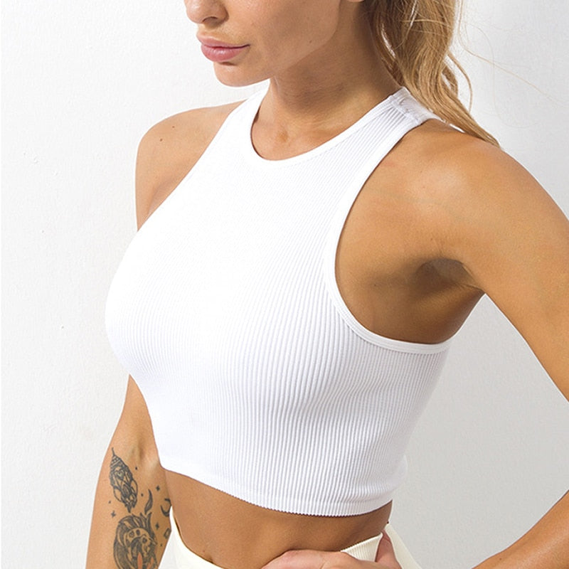 Women Yoga Vest Gym Sports Crop Tops Seamless Streetwear Rib-Knit Fitness Running Vest Workout Bra Tank Top Female Without Pad