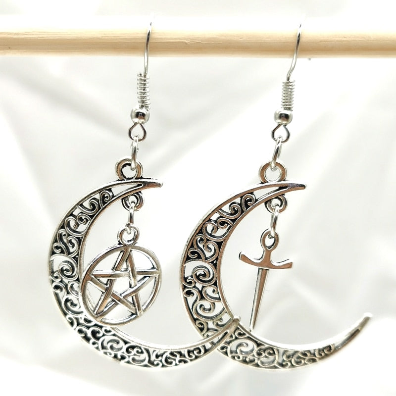 Pentagram Crescent Moon earrings ,Moon and Star earring,sword Pagan earring,Magic wand Wiccan earring,Pentagram moon