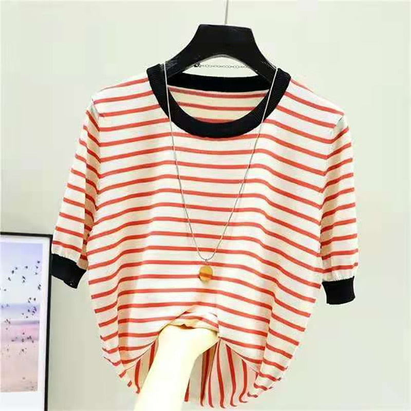 Shintimes Striped T Shirt Women Tee Shirt Femme Summer Thin Ice Silk Knit T-Shirts Short Sleeve Womens Clothing Camisetas Mujer