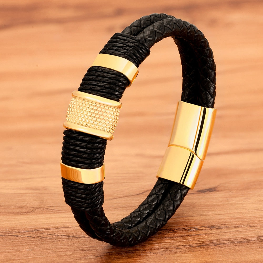 XQNI Woven Leather Rope Wrap Special Style Classic Stainless Steel Men&#39;s Leather Bracelet Double-layer Design DIY Customization