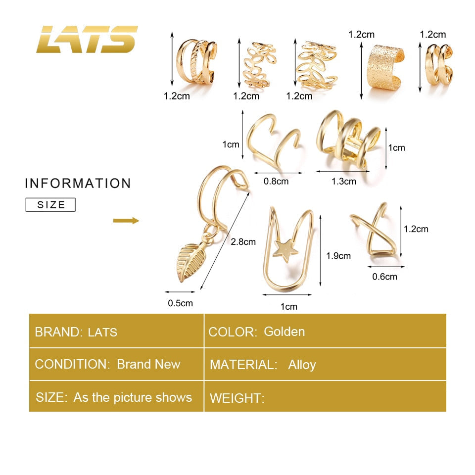 LATS Gold Color Leaves Ear Cuff Black Non-Piercing Ear Clip Earrings for Women Men Fake Cartilage Earring Cuff Jewelry Wholesale