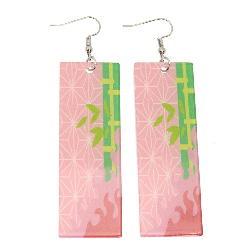 Fashion Acrylic Tanjiro Earrings Demon Slayer Earrings Anime Cosplay Props Hanafuda Drop Long Earrings for Women Girls Jewelry