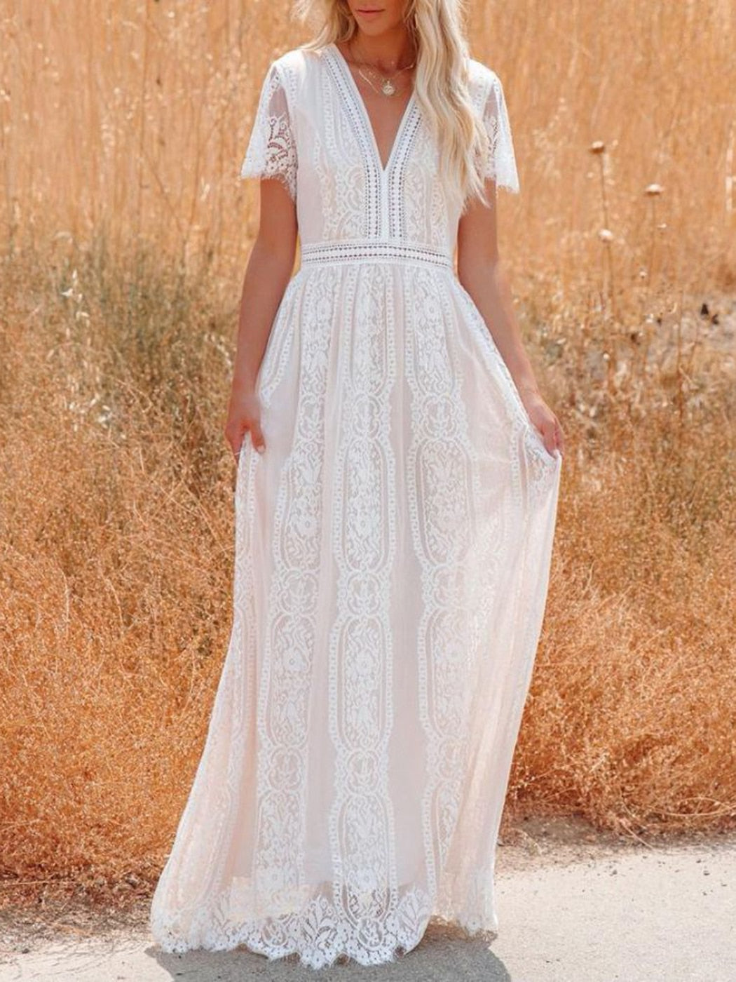 Jastie 2022 Summer Boho Women Maxi Dress Loose Embroidery White Lace long Tunic Beach Dress Vacation Holiday Women Clothing